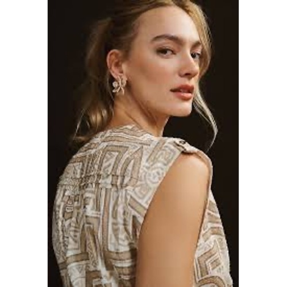 Anthropologie Women 100% Cotton Top XS Tan White Geometric Surplice Boho Western - Picture 7 of 11